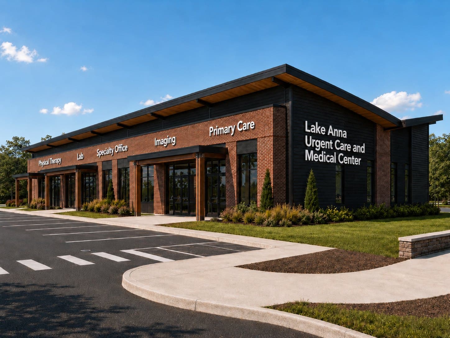 Conceptual exterior rendering of the Lake Anna Urgent Care and Medical Center: brick and dark siding facade with wood roof accents, labeled suites visible